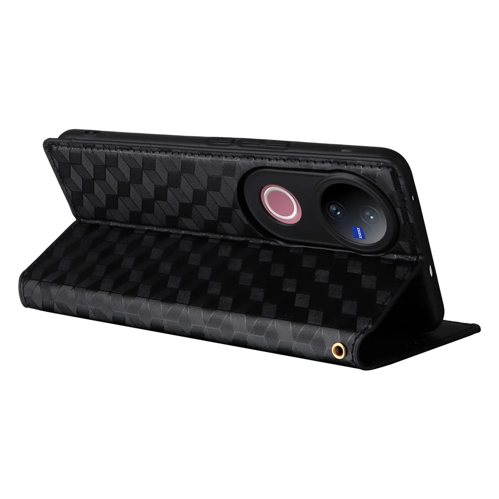For vivo V50 5G Case Wallet Rhombus Imprinted Leather Phone Cover - Black - 5