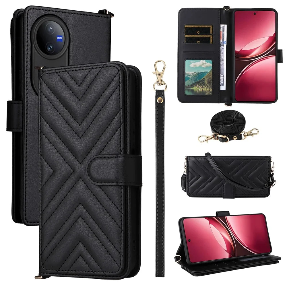 For vivo V50 5G Wallet Case with Shoulder / Wrist Strap Leather Phone Cover Stand - Black - 1