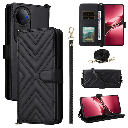 For vivo V50 5G Wallet Case with Shoulder / Wrist Strap Leather Phone Cover Stand - Black - 1