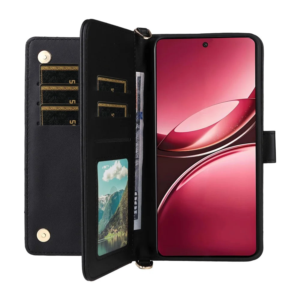For vivo V50 5G Wallet Case with Shoulder / Wrist Strap Leather Phone Cover Stand - Black - 2
