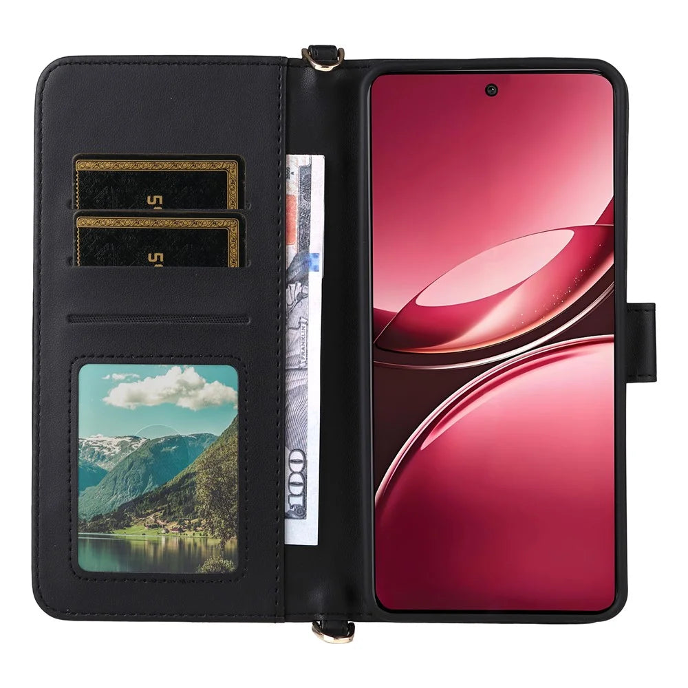 For vivo V50 5G Wallet Case with Shoulder / Wrist Strap Leather Phone Cover Stand - Black - 4