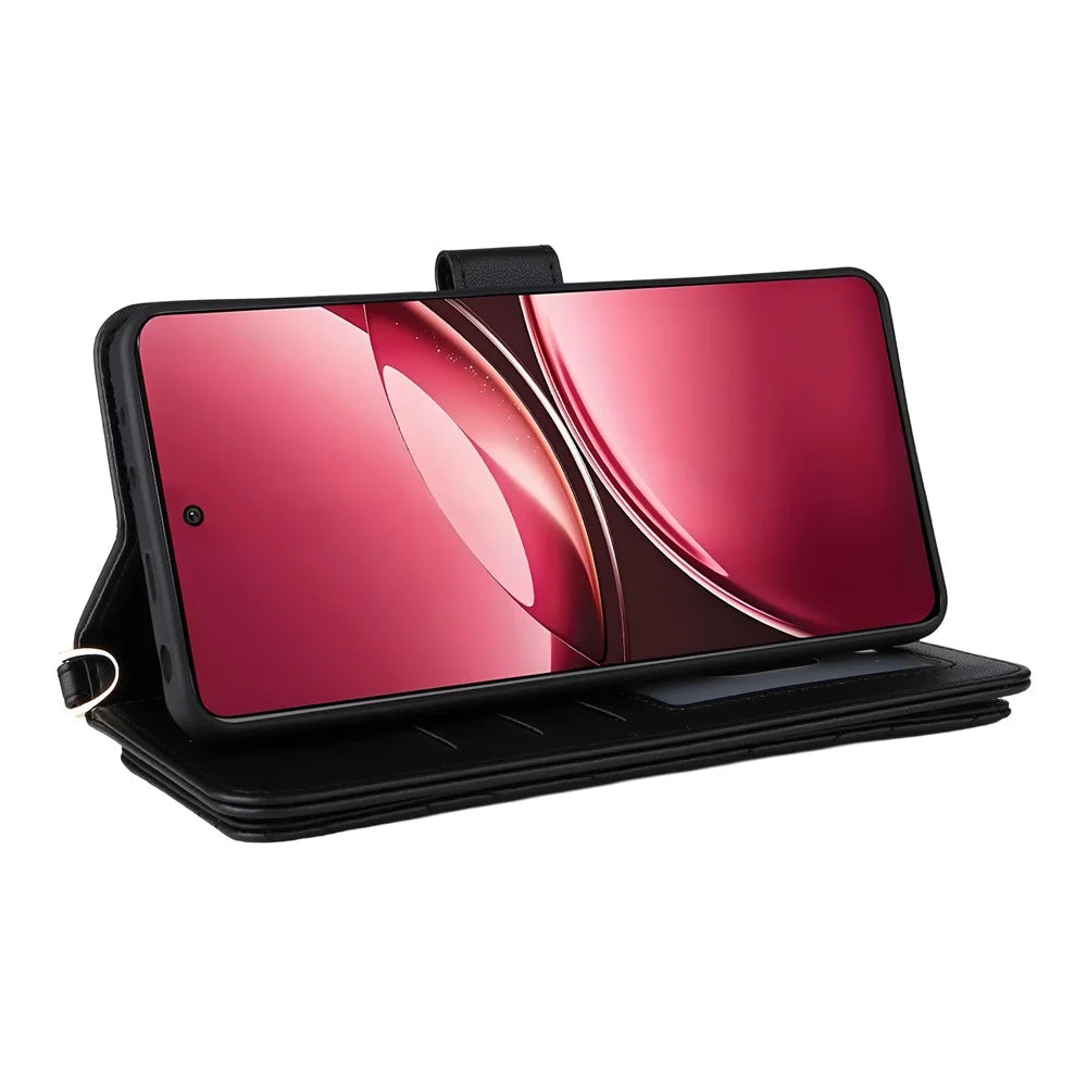 For vivo V50 5G Wallet Case with Shoulder / Wrist Strap Leather Phone Cover Stand - Black - 5