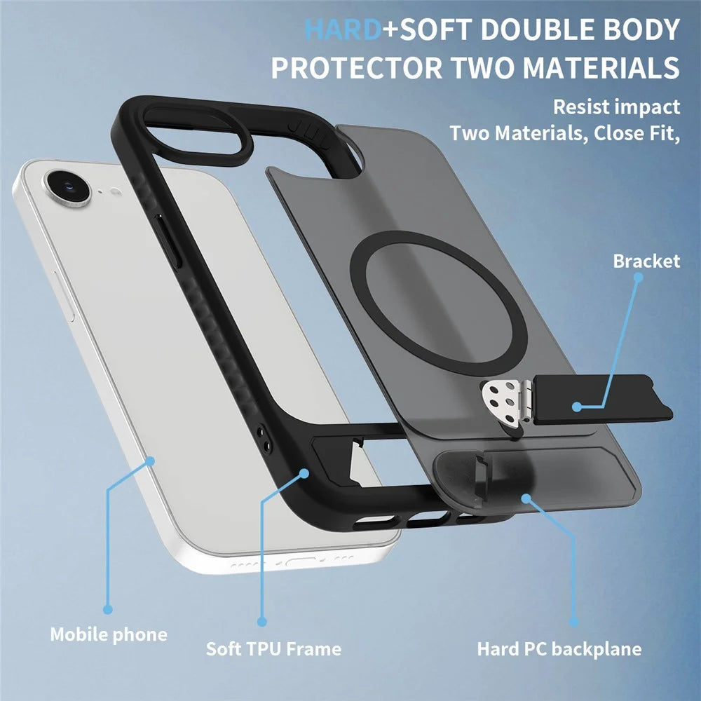 For iPhone 17e / 16e Case with Kickstand / Wireless Charging Skin Touch TPU + PC Phone Back Cover - Black - 5