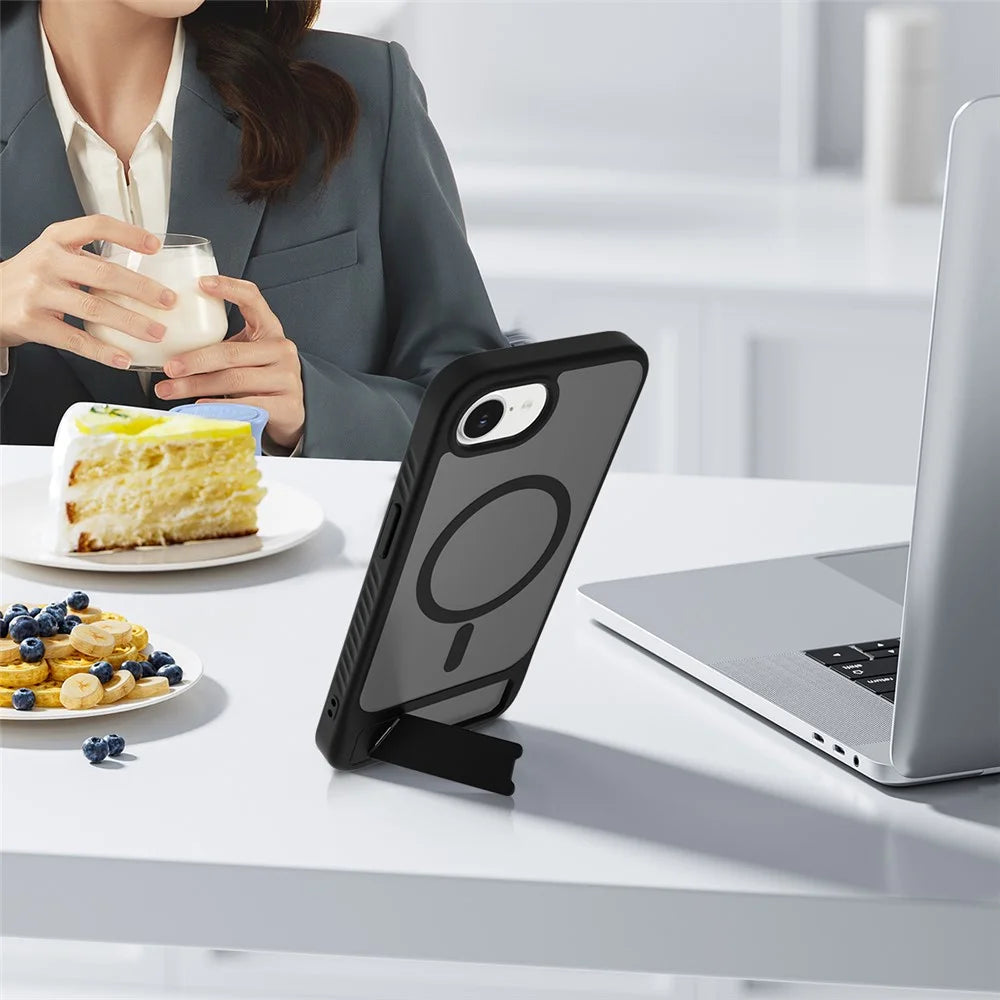 For iPhone 17e / 16e Case with Kickstand / Wireless Charging Skin Touch TPU + PC Phone Back Cover - Black - 6