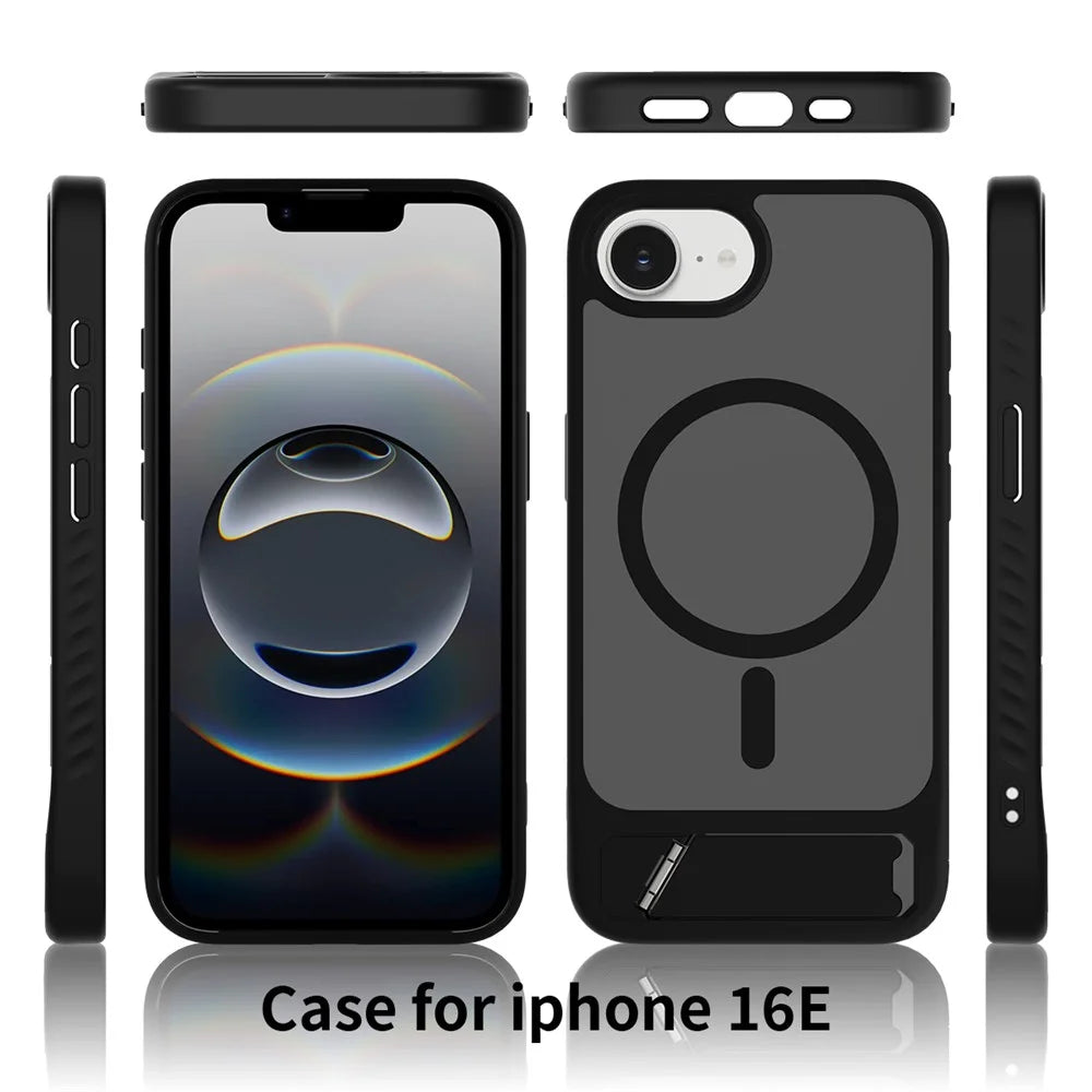 For iPhone 17e / 16e Case with Kickstand / Wireless Charging Skin Touch TPU + PC Phone Back Cover - Black - 7