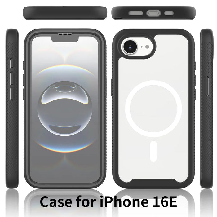For iPhone 17e / 16e Case PC + TPU Protective Phone Cover with PET Screen Film Support Wireless Charging - Black - 6