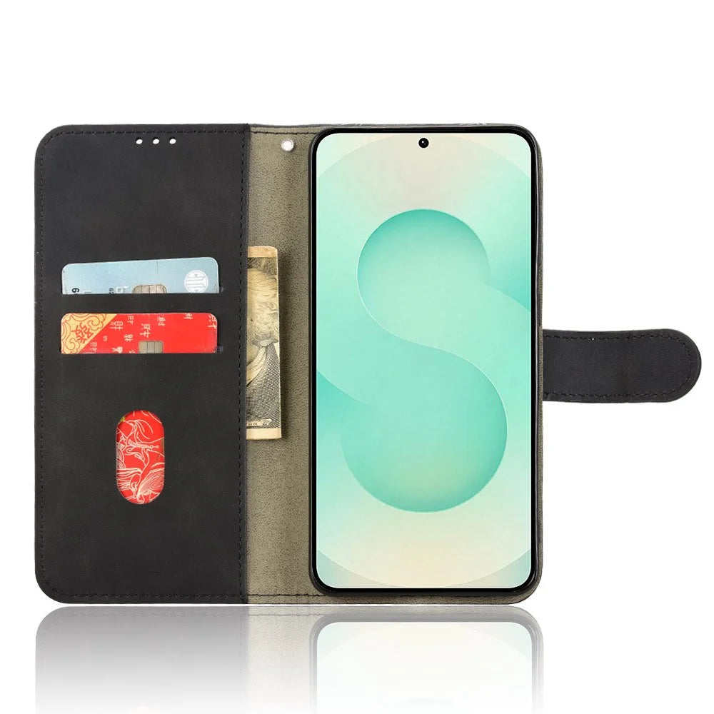For Samsung Galaxy S25 Edge Leather Case Skin Feel Anti Drop Wallet Flip Phone Cover - Black - 2