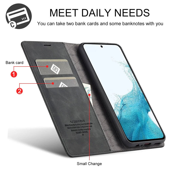 LC.IMEEKE For Samsung Galaxy S25 Case Wallet Microfiber Leather Phone Cover - Black - 5