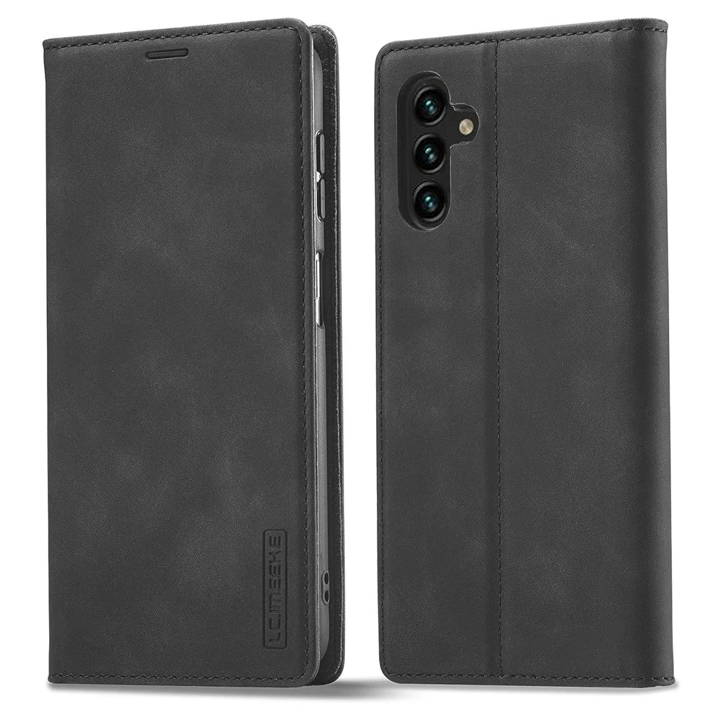 LC.IMEEKE For Samsung Galaxy S25+ Case Wallet Microfiber Leather Phone Cover - Black - 1