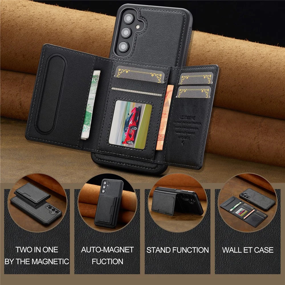LC.IMEEKE L5 For Samsung	Galaxy S25 Magnetic Case Leather Back Cover with Detachable Card Holder - Black - 7