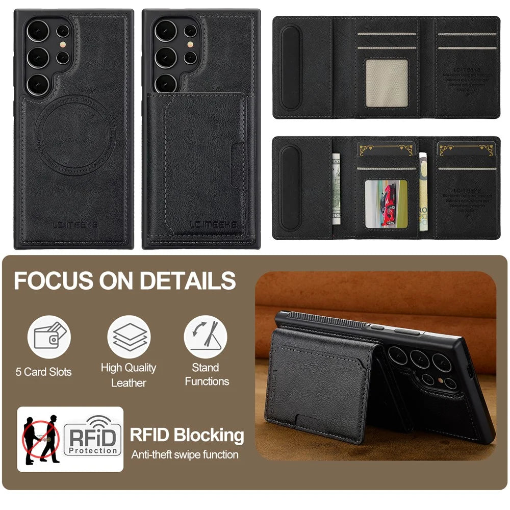 LC.IMEEKE L5 For Samsung	Galaxy S25 Ultra Magnetic Case Leather Back Cover with Detachable Card Holder - Black - 6