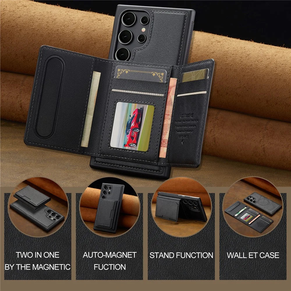 LC.IMEEKE L5 For Samsung	Galaxy S25 Ultra Magnetic Case Leather Back Cover with Detachable Card Holder - Black - 7