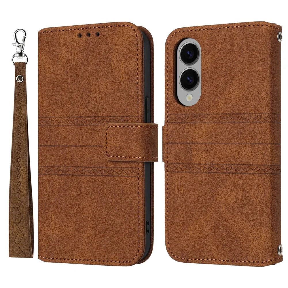 For Samsung Galaxy S25 Edge Case Wallet Skin-Touch Leather Imprinted Phone Cover - Brown - 1