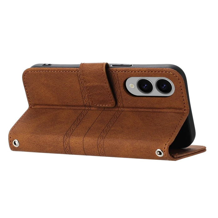 For Samsung Galaxy S25 Edge Case Wallet Skin-Touch Leather Imprinted Phone Cover - Brown - 4