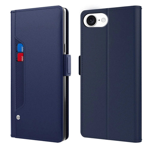 For iPhone 17e / 16e Case Stand PU Leather Phone Cover Card Holder Mirror - Blue - 1