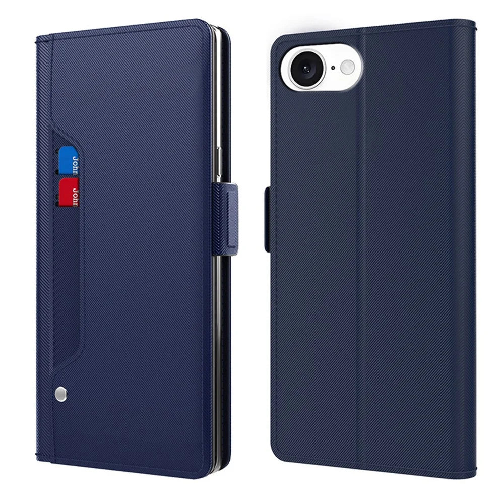 For iPhone 17e / 16e Case Stand PU Leather Phone Cover Card Holder Mirror - Blue - 1