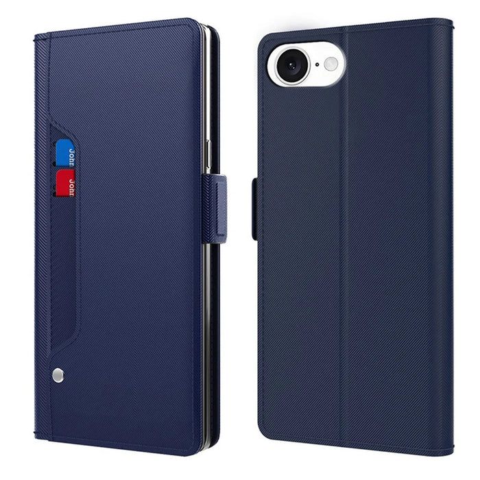 For iPhone 17e / 16e Case Stand PU Leather Phone Cover Card Holder Mirror - Blue - 1
