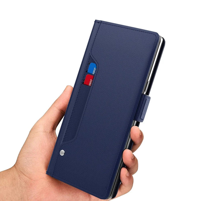For iPhone 17e / 16e Case Stand PU Leather Phone Cover Card Holder Mirror - Blue - 7