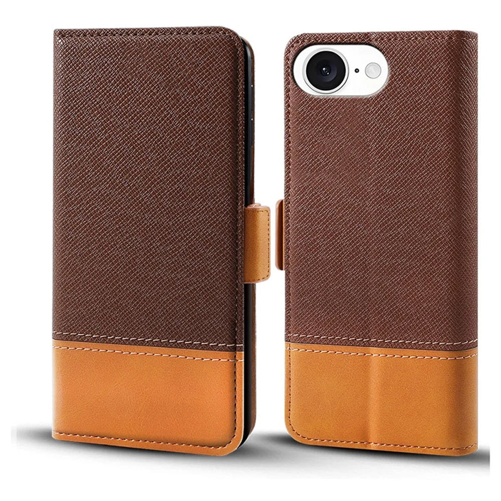 For iPhone 17e / 16e Case Color Splicing PU Leather Wallet Phone Cover - Brown - 1