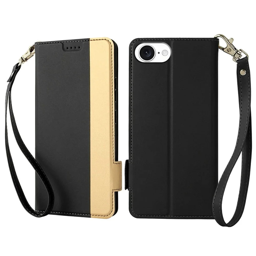 For iPhone 17e / 16e Case Color Splicing PU Leather Card Holder Phone Cover with Strap - Black - 1