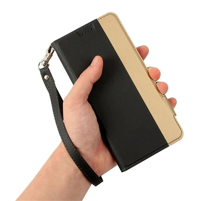 For iPhone 17e / 16e Case Color Splicing PU Leather Card Holder Phone Cover with Strap - Black - 7