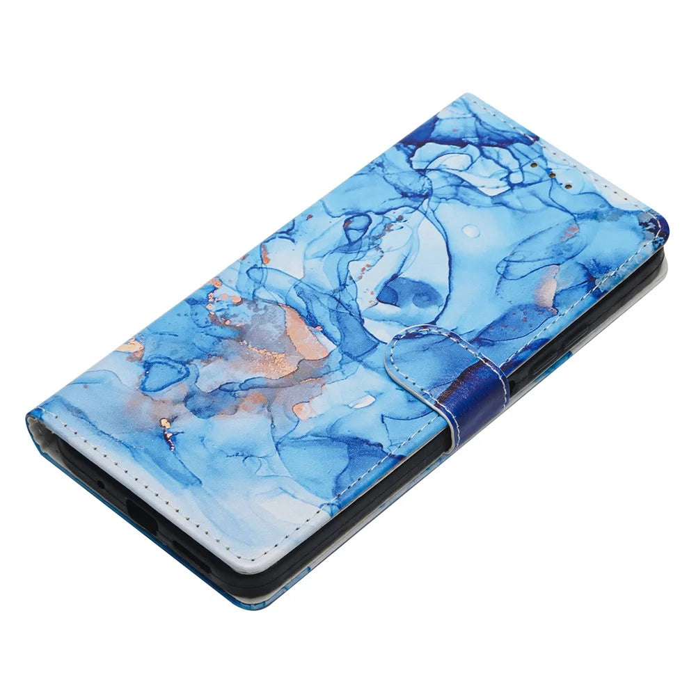 For iPhone 17e / 16e Wallet Phone Case PU Leather Flip Cover with Stand Card Holder Painted Design - Blue Marble - 4