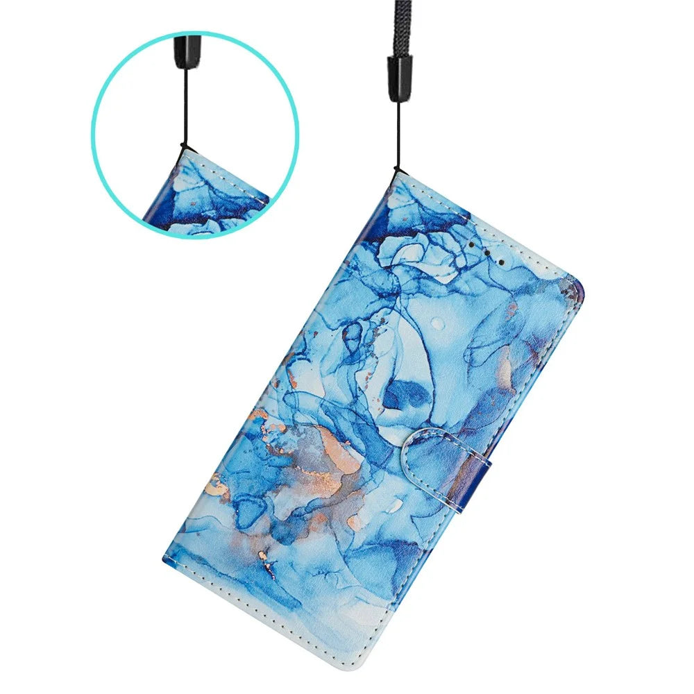 For iPhone 17e / 16e Wallet Phone Case PU Leather Flip Cover with Stand Card Holder Painted Design - Blue Marble - 5