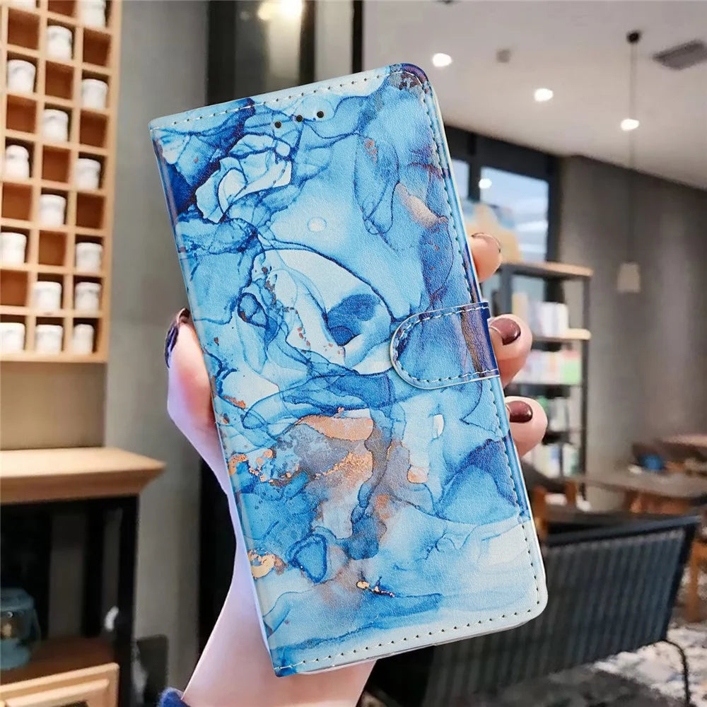 For iPhone 17e / 16e Wallet Phone Case PU Leather Flip Cover with Stand Card Holder Painted Design - Blue Marble - 6