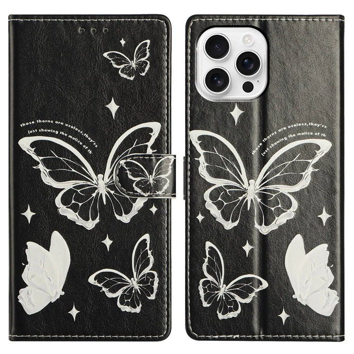 For iPhone 16 Pro Max Wallet Phone Case PU Leather Flip Cover with Stand Card Holder Painted Design - Butterfly - 1