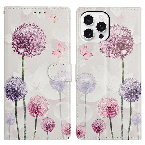 For iPhone 16 Pro Wallet Phone Case PU Leather Flip Cover with Stand Card Holder Painted Design - Dandelion - 1