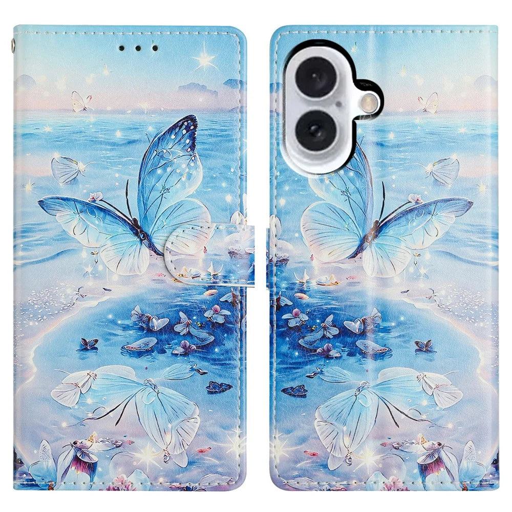 For iPhone 16 Wallet Phone Case PU Leather Flip Cover with Stand Card Holder Painted Design - Ocean Butterfly - 1