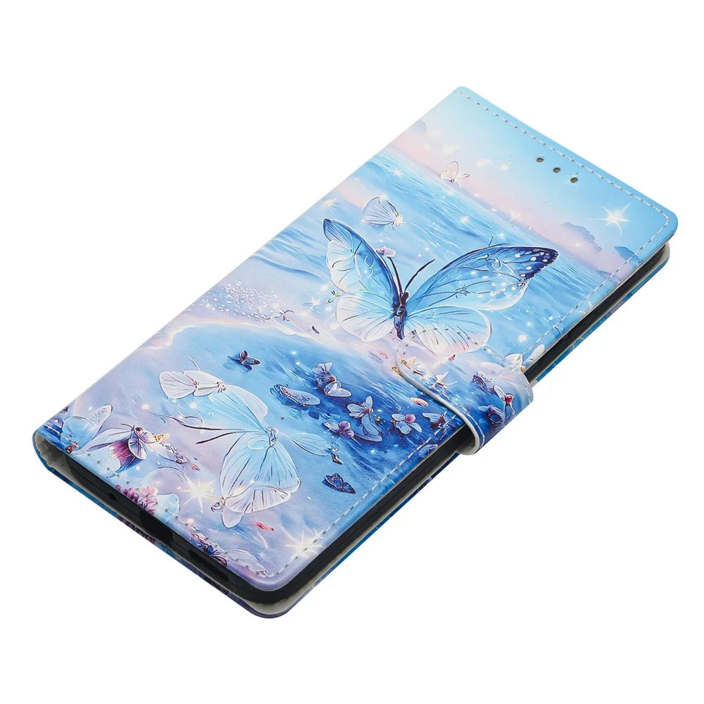 For iPhone 16 Wallet Phone Case PU Leather Flip Cover with Stand Card Holder Painted Design - Ocean Butterfly - 4