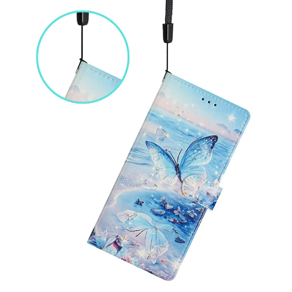 For iPhone 16 Wallet Phone Case PU Leather Flip Cover with Stand Card Holder Painted Design - Ocean Butterfly - 5