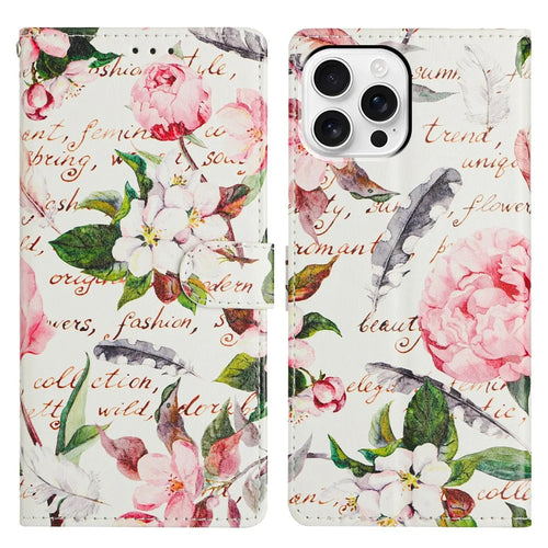 For iPhone 15 Pro Max Wallet Phone Case PU Leather Flip Cover with Stand Card Holder Painted Design - Green Leaves Flowers - 1