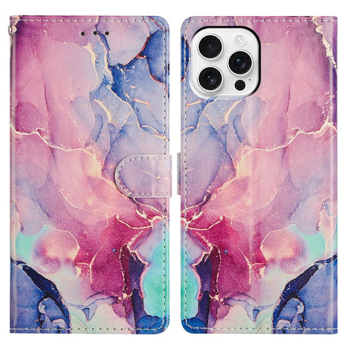 For iPhone 15 Pro Wallet Phone Case PU Leather Flip Cover with Stand Card Holder Painted Design - Green Pink Marble - 1