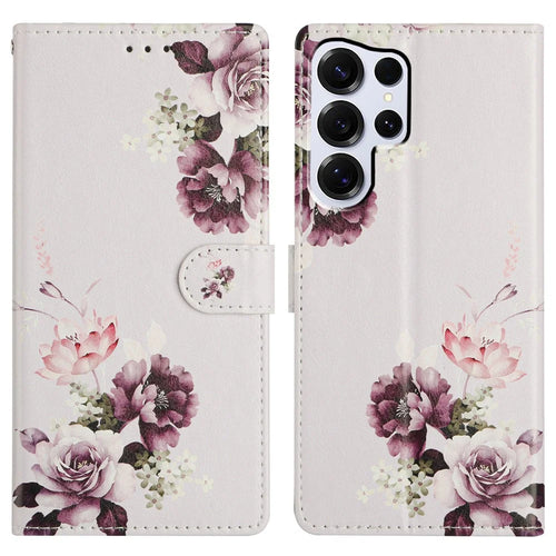 For Samsung Galaxy S25 Ultra Wallet Phone Case PU Leather Flip Cover with Stand Card Holder Painted Design - Cross Rose - 1