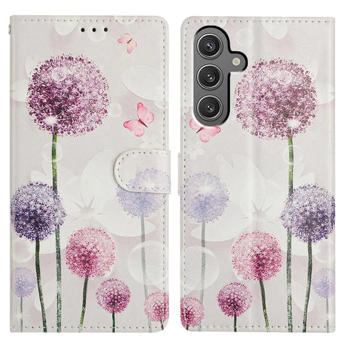 For Samsung Galaxy S25 Wallet Phone Case PU Leather Flip Cover with Stand Card Holder Painted Design - Dandelion - 1