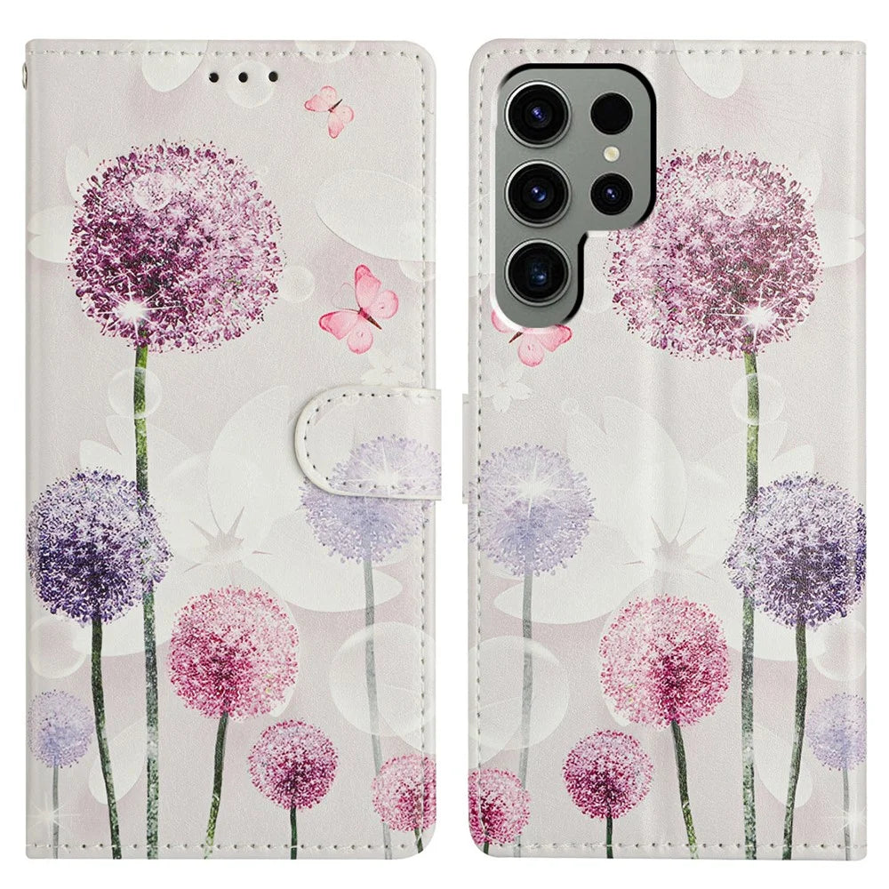 For Samsung Galaxy S24 Ultra Wallet Phone Case PU Leather Flip Cover with Stand Card Holder Painted Design - Dandelion - 1