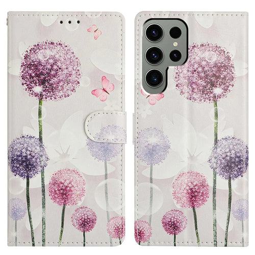 For Samsung Galaxy S24 Ultra Wallet Phone Case PU Leather Flip Cover with Stand Card Holder Painted Design - Dandelion - 1