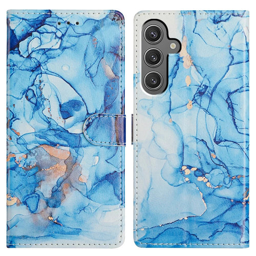 For Samsung Galaxy S24+ Wallet Phone Case PU Leather Flip Cover with Stand Card Holder Painted Design - Blue Marble - 1