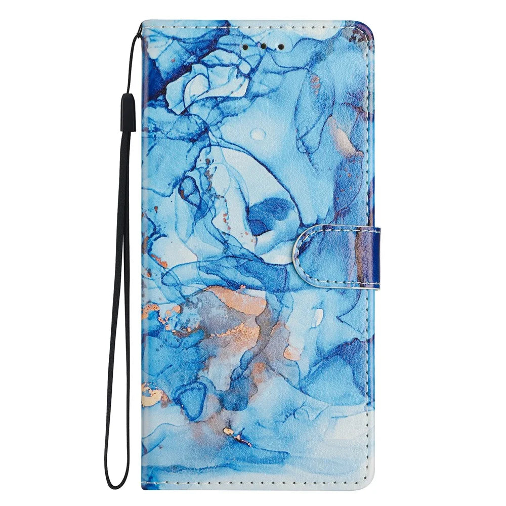 For Samsung Galaxy S24+ Wallet Phone Case PU Leather Flip Cover with Stand Card Holder Painted Design - Blue Marble - 7