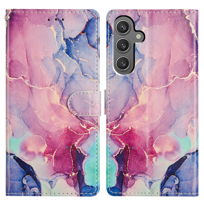 For Samsung Galaxy S24 Case Pattern Printing Wallet Stand Flip Leather Phone Cover - Green Pink Marble - 1