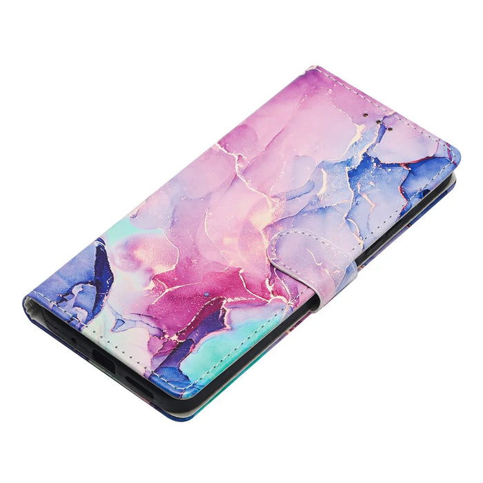 For Samsung Galaxy S24 Case Pattern Printing Wallet Stand Flip Leather Phone Cover - Green Pink Marble - 4