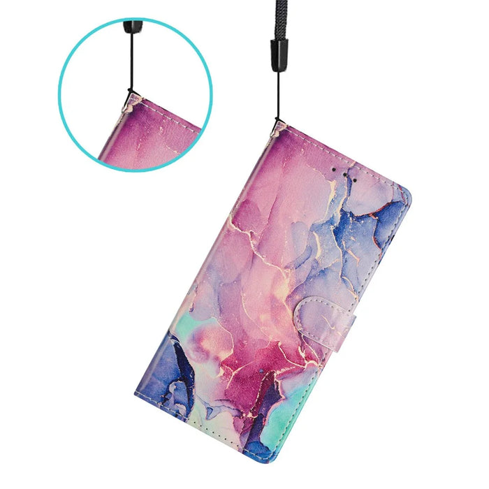 For Samsung Galaxy S24 Case Pattern Printing Wallet Stand Flip Leather Phone Cover - Green Pink Marble - 5