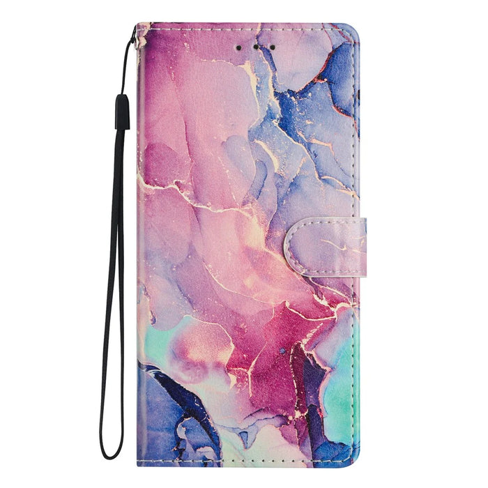 For Samsung Galaxy S24 Case Pattern Printing Wallet Stand Flip Leather Phone Cover - Green Pink Marble - 7