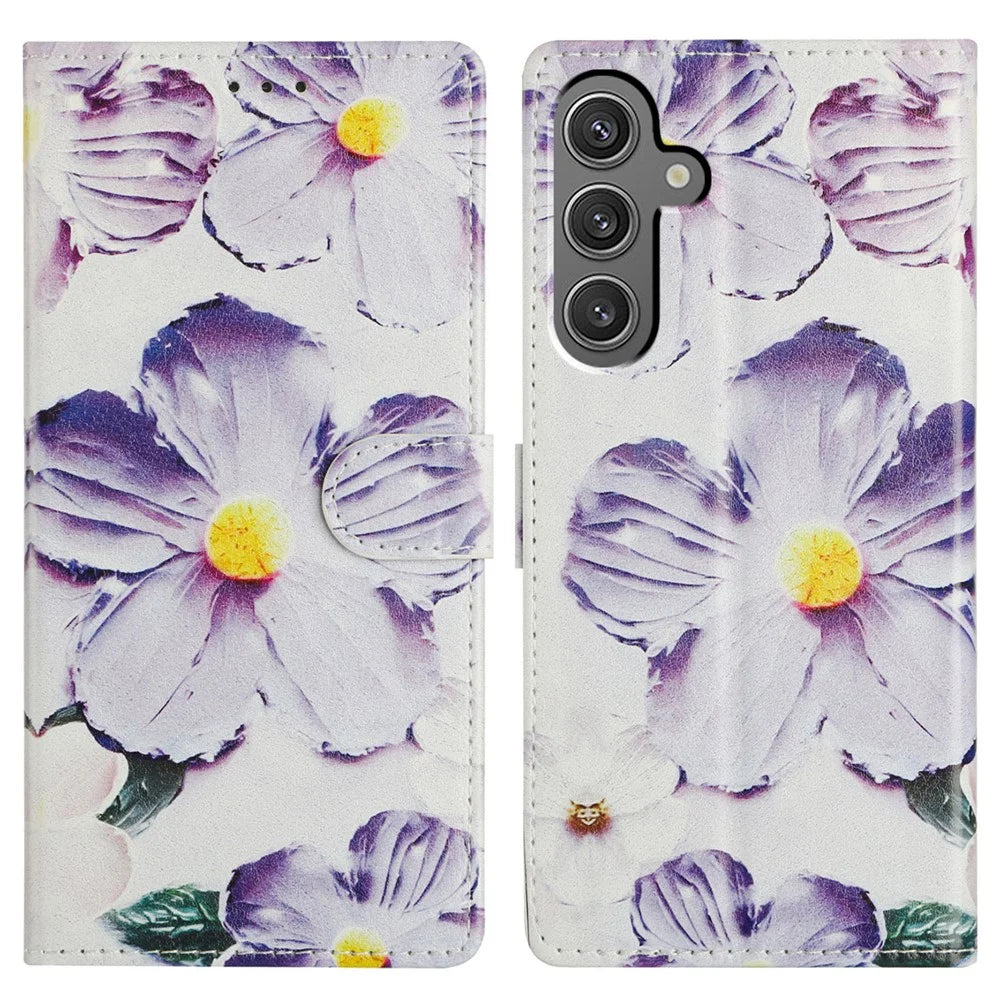 For Samsung Galaxy A55 5G Wallet Phone Case PU Leather Flip Cover with Stand Card Holder Painted Design - Purple Flower - 1