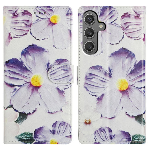 For Samsung Galaxy A55 5G Wallet Phone Case PU Leather Flip Cover with Stand Card Holder Painted Design - Purple Flower - 1
