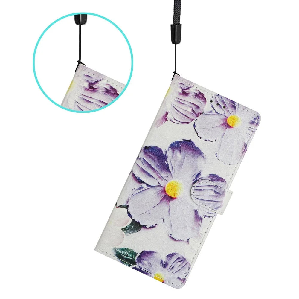 For Samsung Galaxy A55 5G Wallet Phone Case PU Leather Flip Cover with Stand Card Holder Painted Design - Purple Flower - 5
