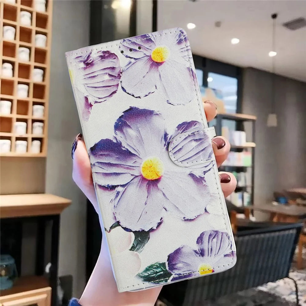 For Samsung Galaxy A55 5G Wallet Phone Case PU Leather Flip Cover with Stand Card Holder Painted Design - Purple Flower - 6