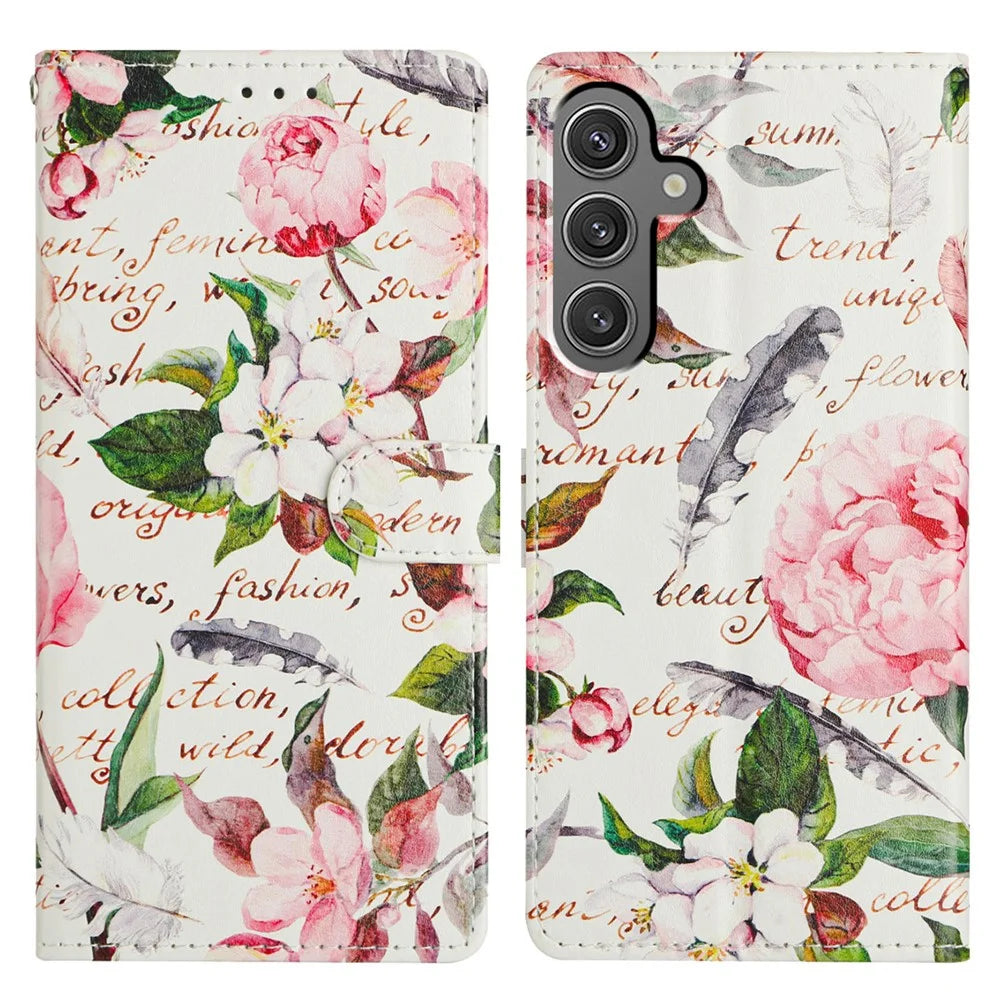 For Samsung Galaxy A15 5G Case Pattern Printing Wallet Stand Flip Leather Phone Cover - Green Leaves Flowers - 1